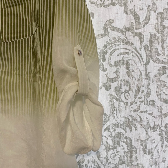 Fyve Button Up Lightweight Roll Tab Sleeve Striped Ombré Shirt Green White 2X - Picture 3 of 7